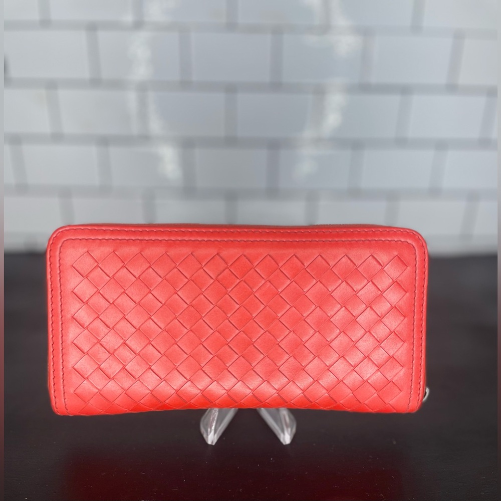 Authentic Bottega Veneta Intrecciato Zip Around Wallet Red